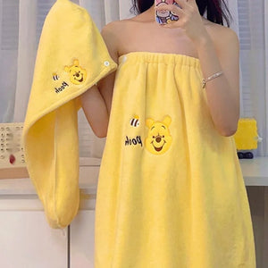 2pcs  Winnie The Pooh Bear Plush Dry Hair Cap And Shower Skirt