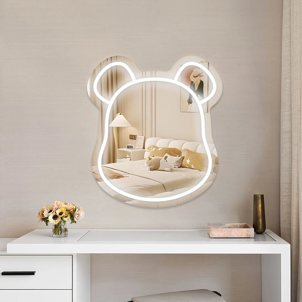 Cute Bear Neon Light Mirror, 10 Level Dimmablee LED Neon Decorative Face/makeup Mirror, Wall/Desktop