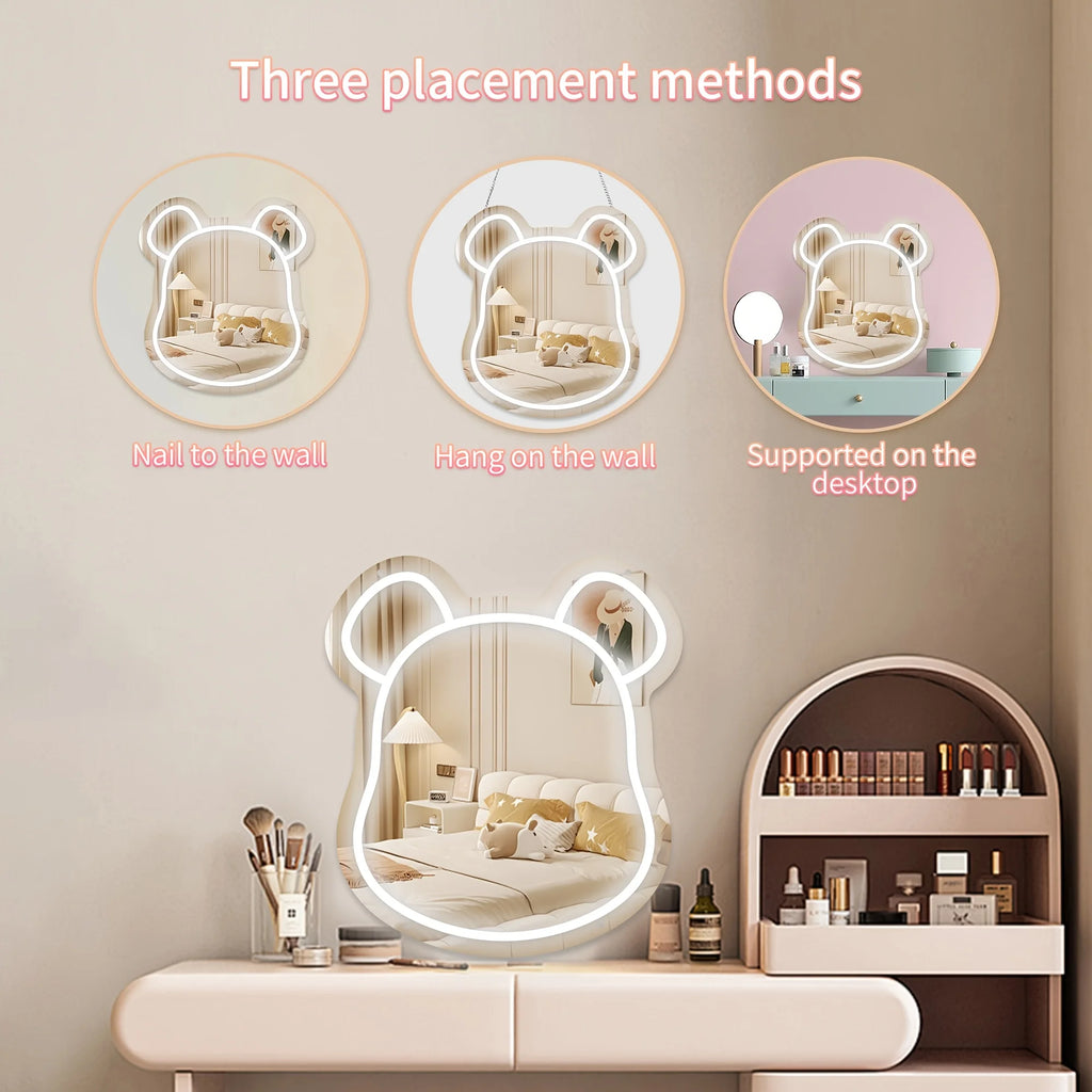 Cute Bear Neon Light Mirror, 10 Level Dimmablee LED Neon Decorative Face/makeup Mirror, Wall/Desktop