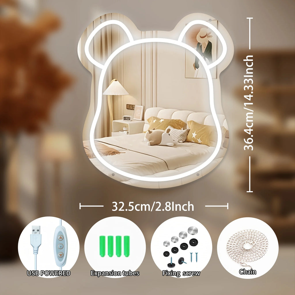 Cute Bear Neon Light Mirror, 10 Level Dimmablee LED Neon Decorative Face/makeup Mirror, Wall/Desktop