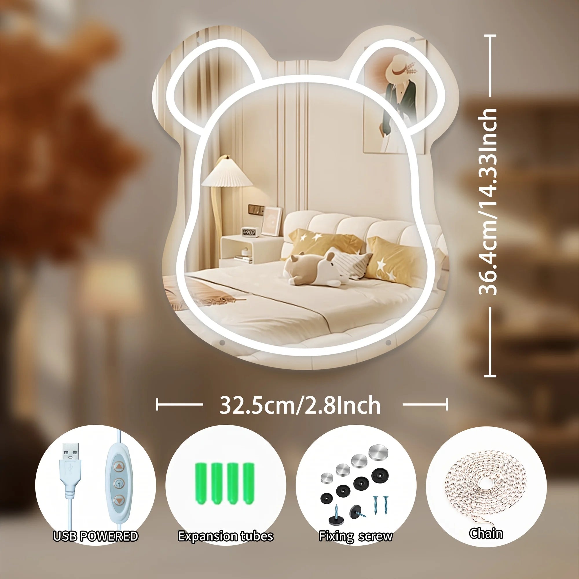 Cute Bear Neon Light Mirror, 10 Level Dimmablee LED Neon Decorative Face/makeup Mirror, Wall/Desktop