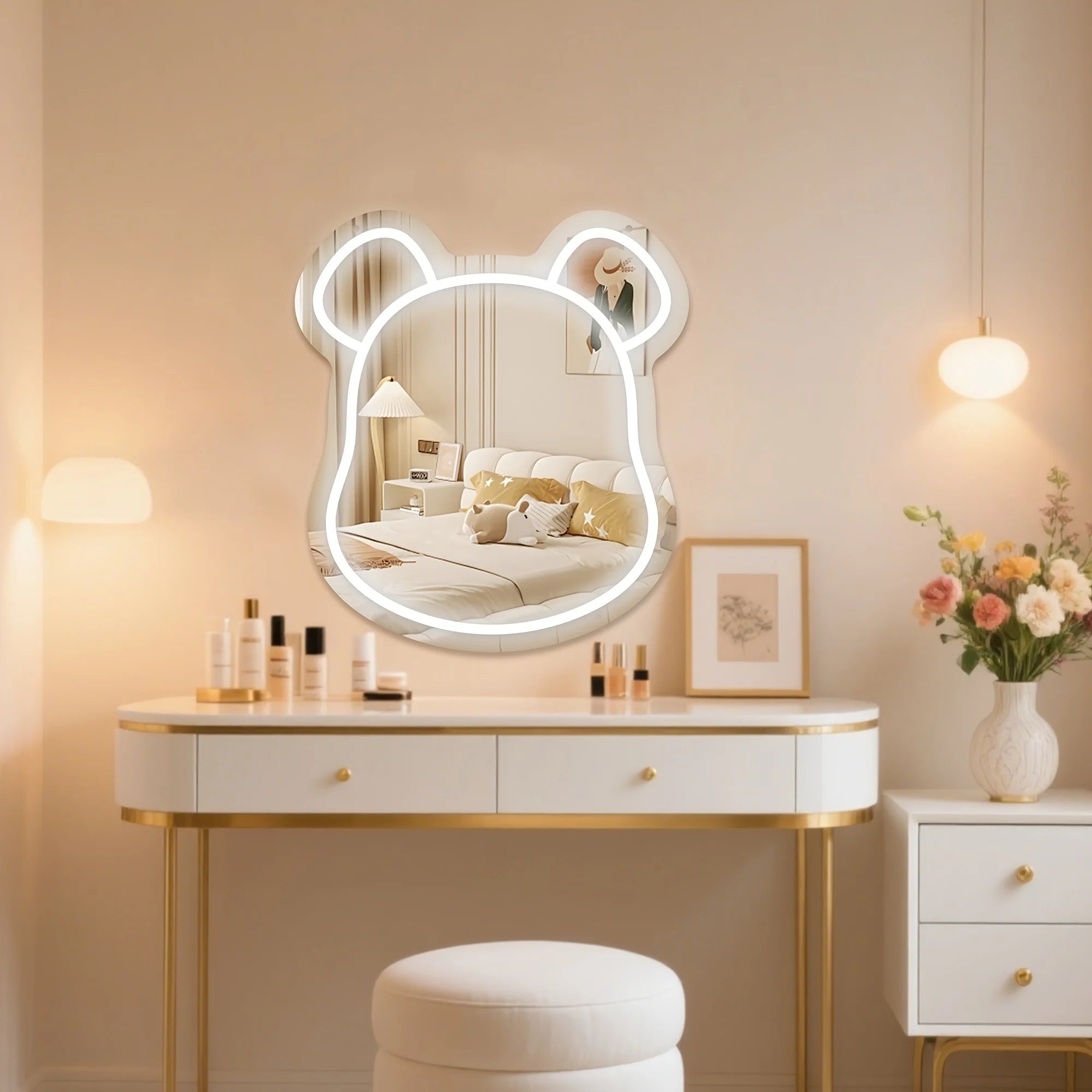 Cute Bear Neon Light Mirror, 10 Level Dimmablee LED Neon Decorative Face/makeup Mirror, Wall/Desktop